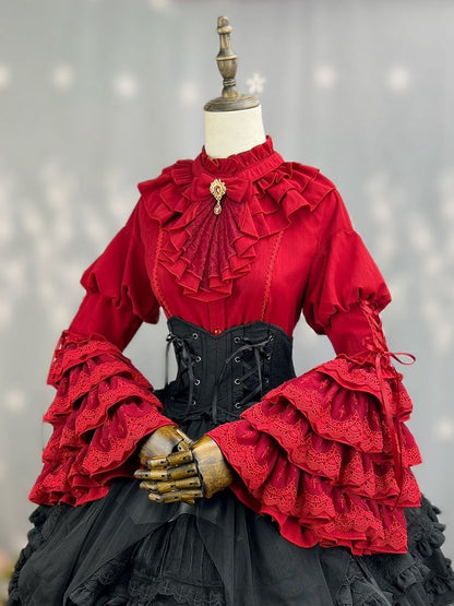 Red Ruffle Neckline Layered Bell Sleeves Kuro Gothic Lolita Shirt with Jabot Tie