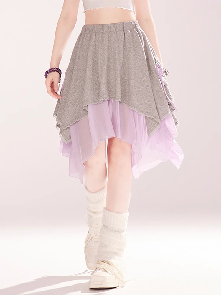 Gray and Purple Colorblock Elastic Waist Handkerchief Hem Skirt