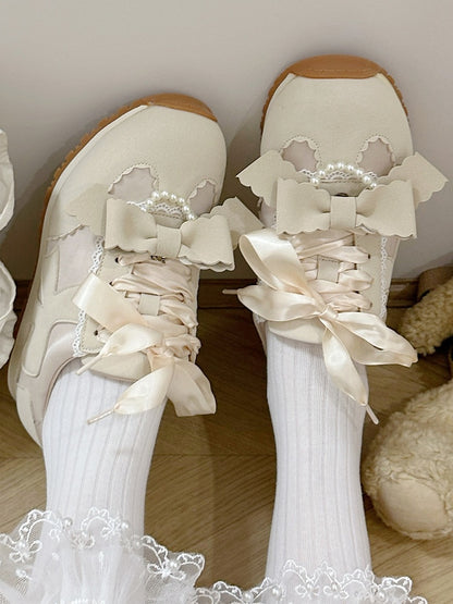 Detachable Bead-Embellished Bow & Functional Lace-Up Apricot Sneakers in Sweet Lolita