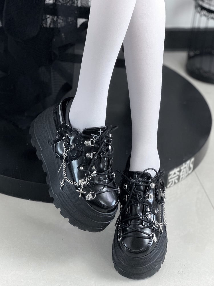 Black Punk Front Lace-up Ties Design Platform Shoes With Detachable Cross Charm Chain