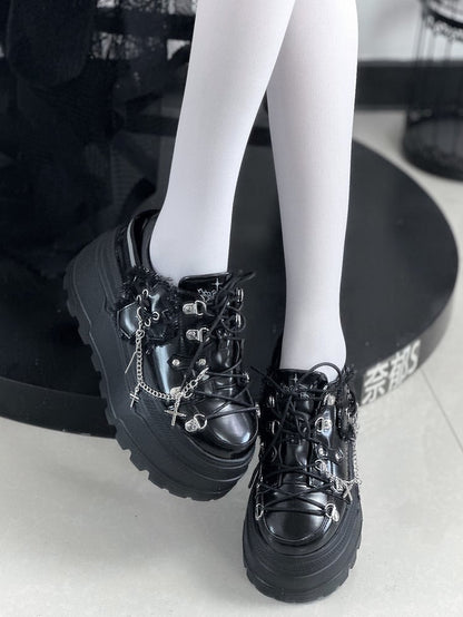Black Punk Front Lace-up Ties Design Platform Shoes With Detachable Cross Charm Chain