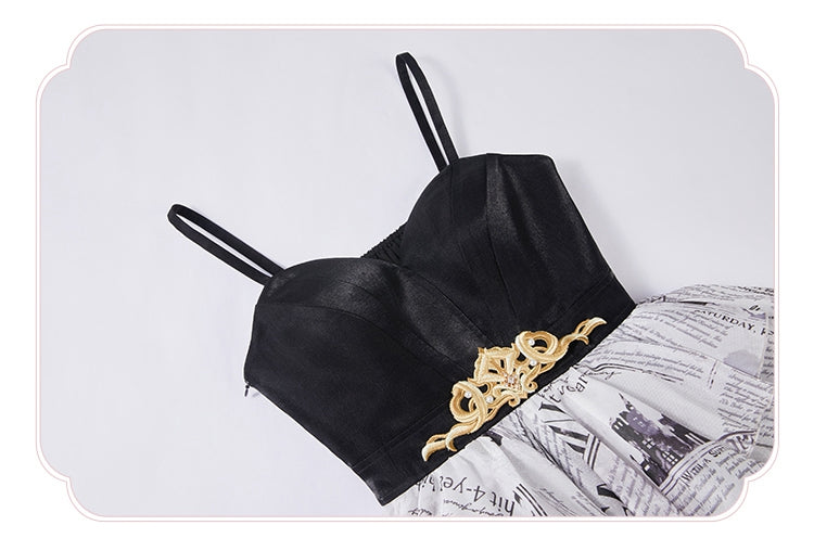 Newspaper Print Layered Handkerchief Skirt Elegant Dress Lolita Jumper Skirt