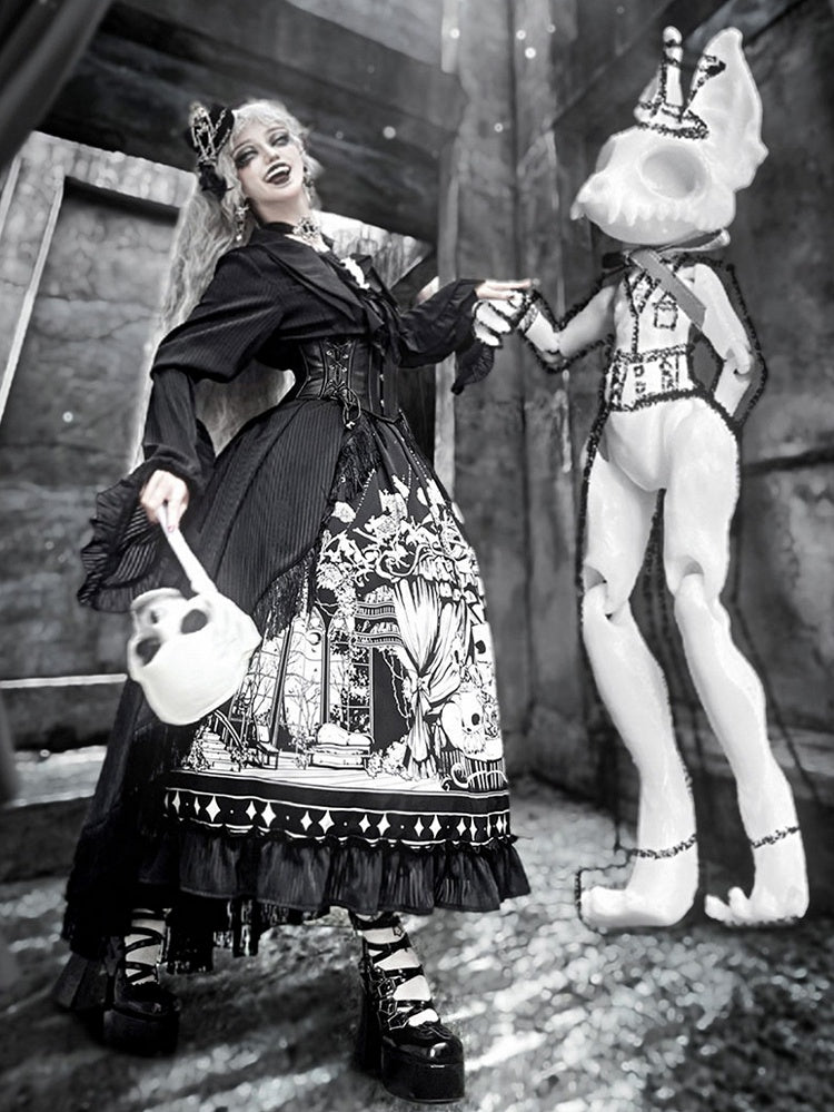 Plus Sizes Available Dark Gothic Lolita Full Set - Black Long Sleeves Shirt + Skirt + Corset Belt