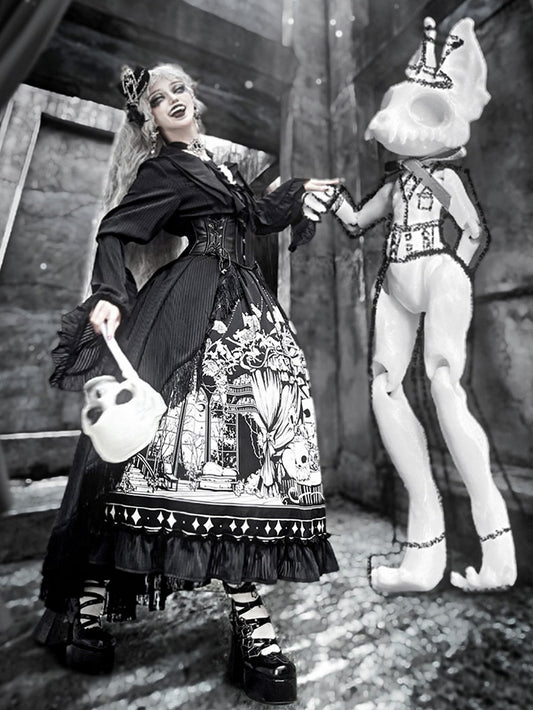 Plus Sizes Available Dark Gothic Lolita Full Set - Black Long Sleeves Shirt + Skirt + Corset Belt