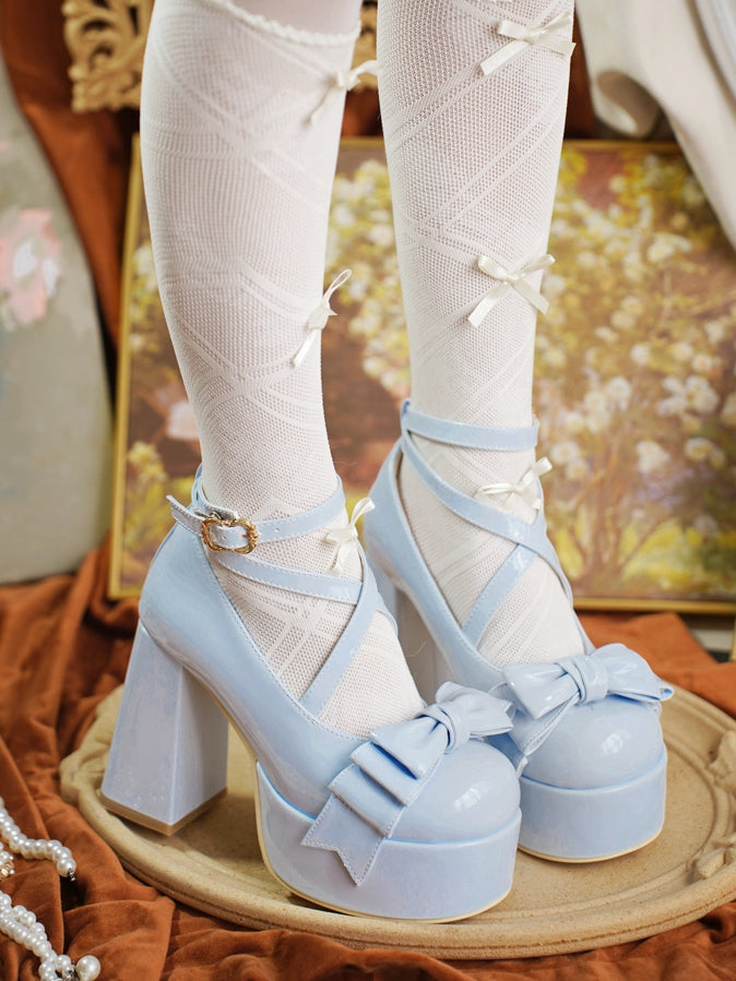 Crisscross Ankle Strap Blue Bow at Top 11cm High Heels