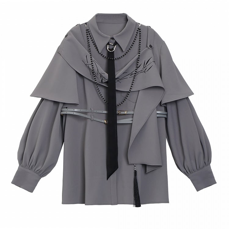 Gray Cheongsam Style Shirt with Detachable Bamboo Embroidered Shoulder Cape and Buckle Belt