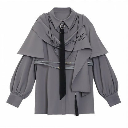 Gray Cheongsam Style Shirt with Detachable Bamboo Embroidered Shoulder Cape and Buckle Belt