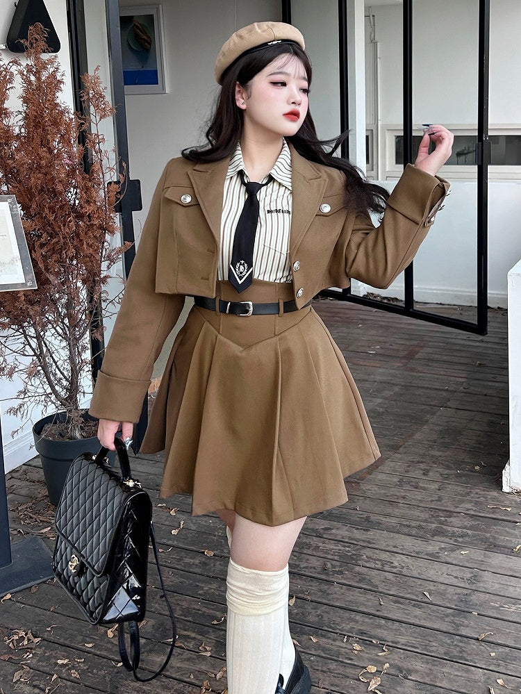 Plus Size - Coffee Preppy High Waist Overalls Suspender Skirt