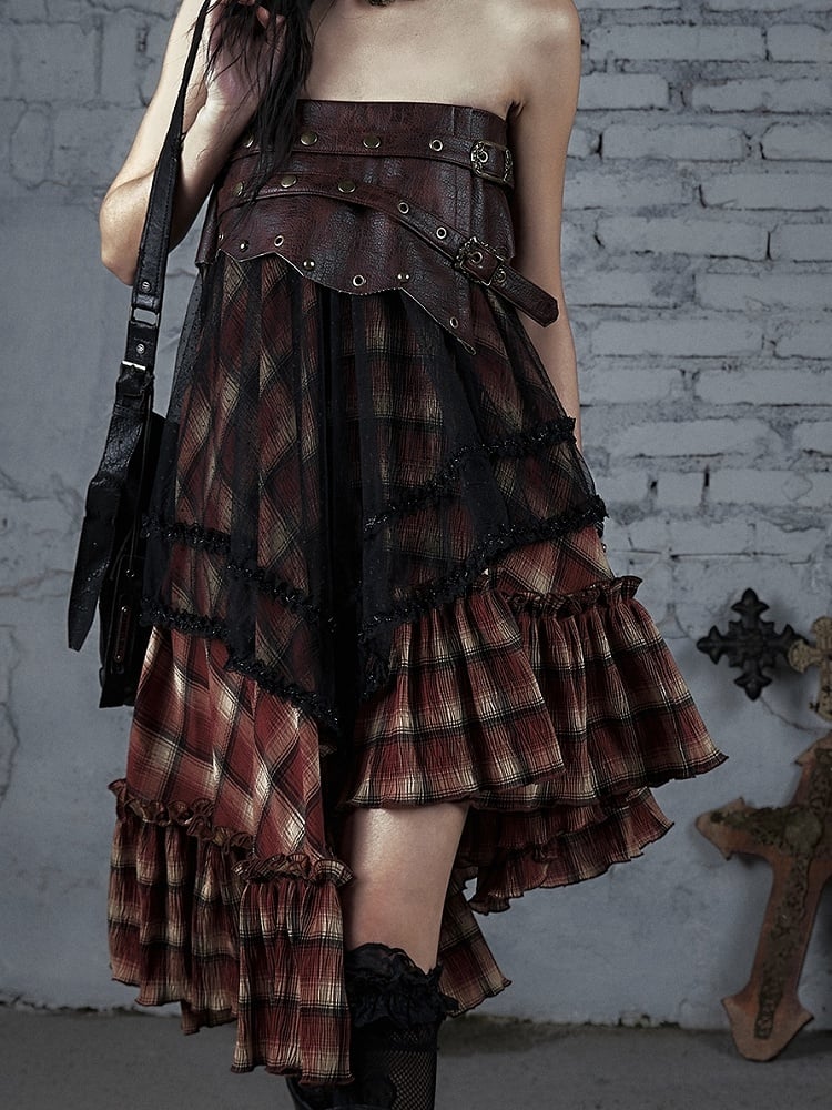 Black&Red Wasteland Punk Plaid Pattern Studs PU Waistline Asymmetrical Flounce Hem Skirt
