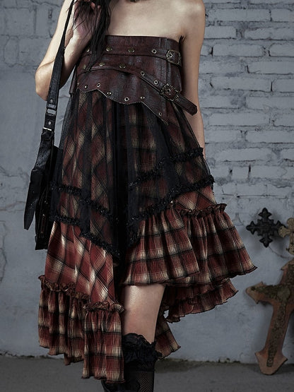 Black&Red Wasteland Punk Plaid Pattern Studs PU Waistline Asymmetrical Flounce Hem Skirt