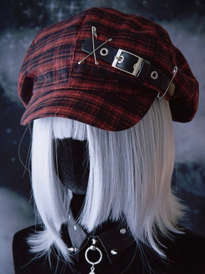 Black And Red Plaid Pattern With Buckle Pins Details Beret