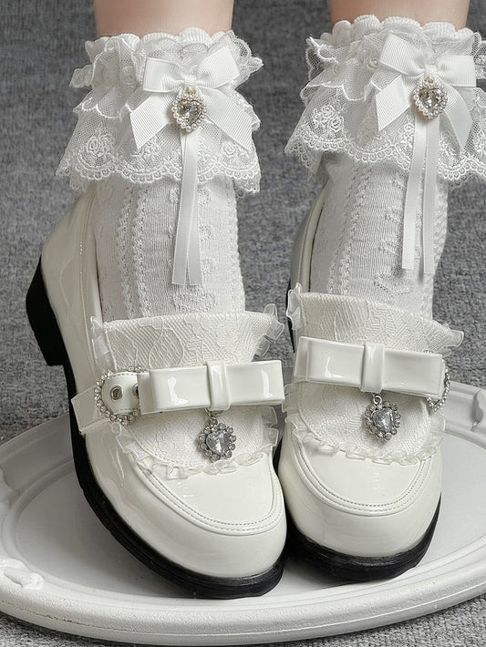 Rhinestone Heart Details & Bow Accent PU Polished White Low-heel Loafers in Jirai Kei