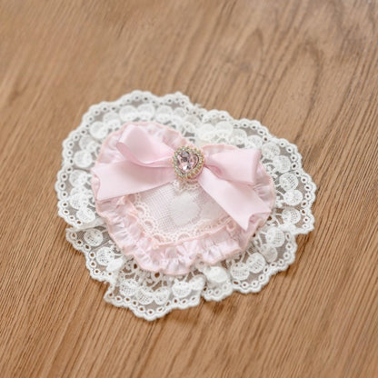 Clearance-Pink Jirai Kei Rhinestone And Bowknot Decorated Lace Trim Heart-shaped Hairclip
