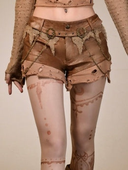 Brown Distressed Low Waist Wasteland Punk Shorts with Chain Accents