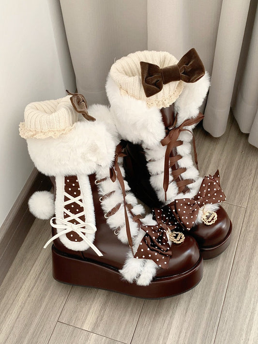 Dot Pattern Top Bow with Plush Rabbit Ears & Tail Decor Chocolate Brown Platform Boots in Sweet Lolita