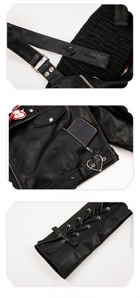 Black Letters Embroidery PU Jacket