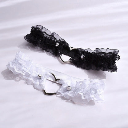 Gothic Punk Studs Black/White Lace Trim Garter