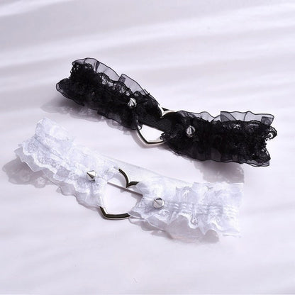 Gothic Punk Studs Black/White Lace Trim Garter