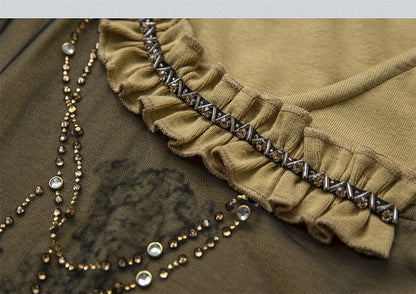 Rhinestones Decorated Yellow and Black Punk Rock Cross Print Asymmetrical T-shirt