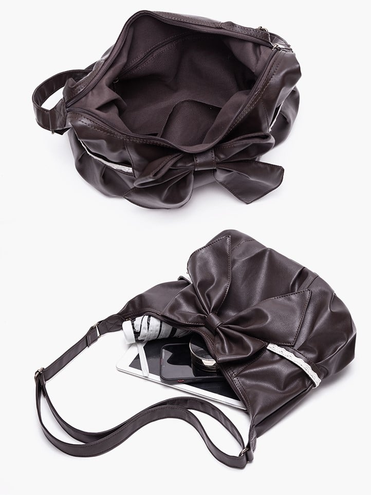 Brown Elegant Classic Lace Detailed Shoulder Tote Bag With Oversized Bow