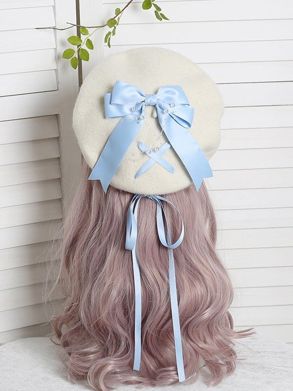 Cute Lolita Off-White Beret With 6-Color Optional Bowknot Ribbon