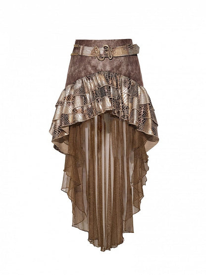 Brown Wasteland Punk Snakeskin Pattern High-low Design Tiered Skirt