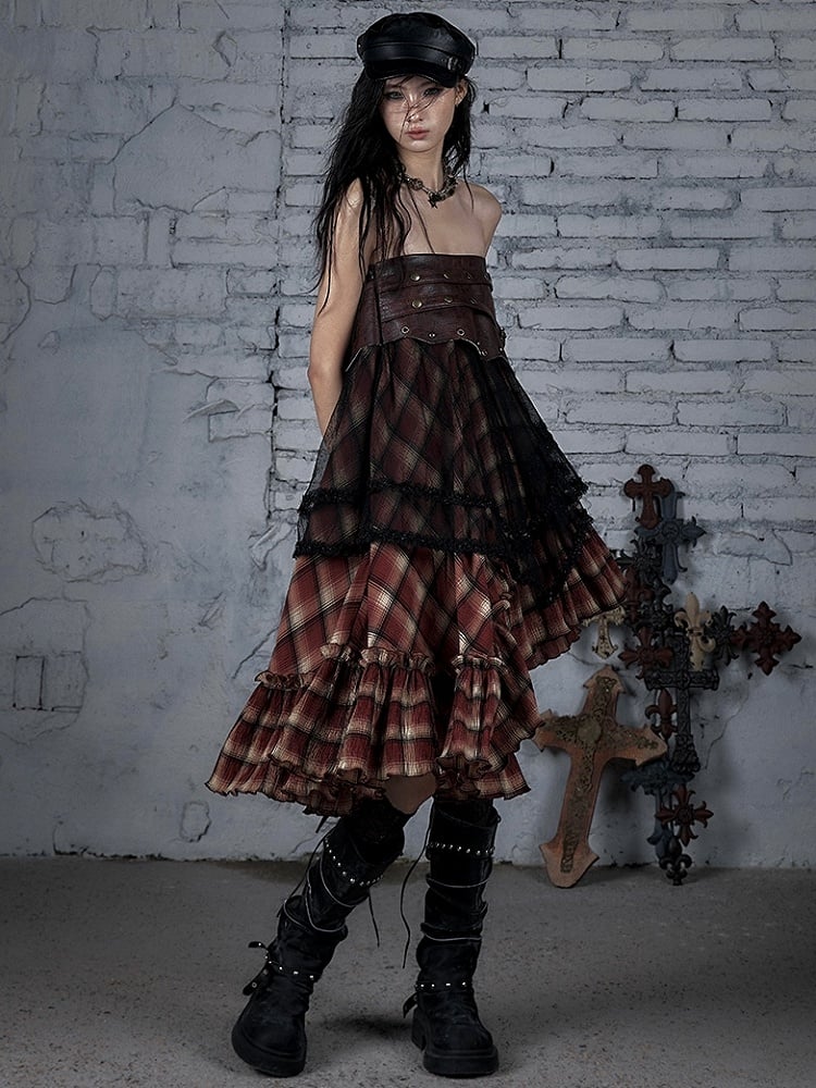 Black&Red Wasteland Punk Plaid Pattern Studs PU Waistline Asymmetrical Flounce Hem Skirt