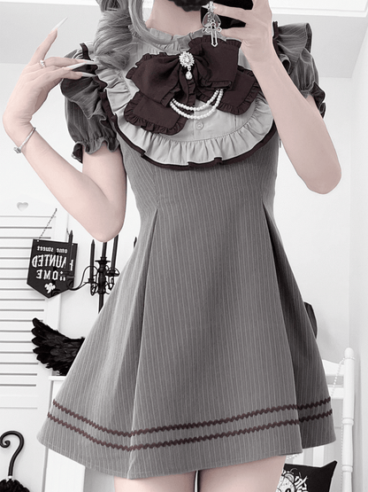 Jirai Kei Ruffle Neckline Puff Sleeves Gray Striped Dress with Free Bowtie