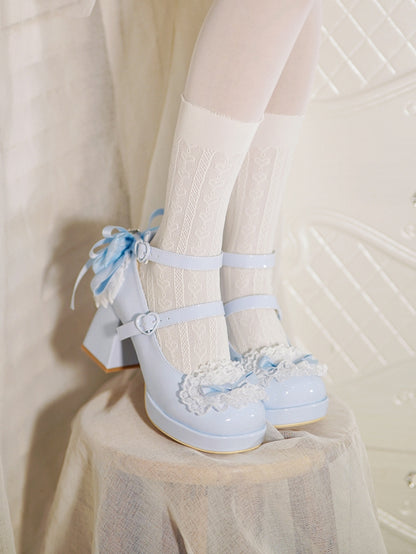 Blue Knotted Bow at Top Lace Trim Heart Buckles High Block Heels