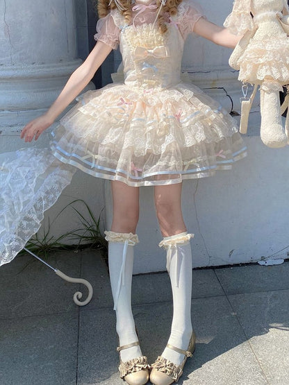 Apricot Corset Waist Layered Tulle Skirt Princess Lolita JSK with Big Bow at Back