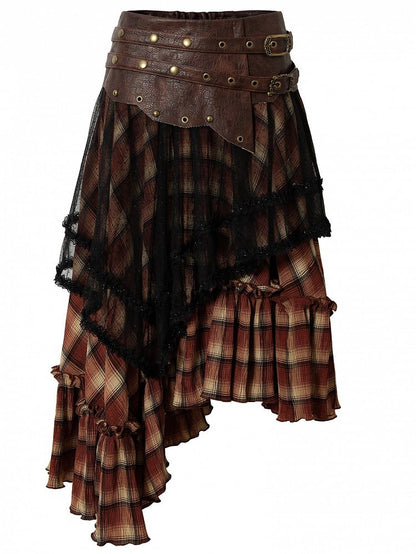 Black&Red Wasteland Punk Plaid Pattern Studs PU Waistline Asymmetrical Flounce Hem Skirt