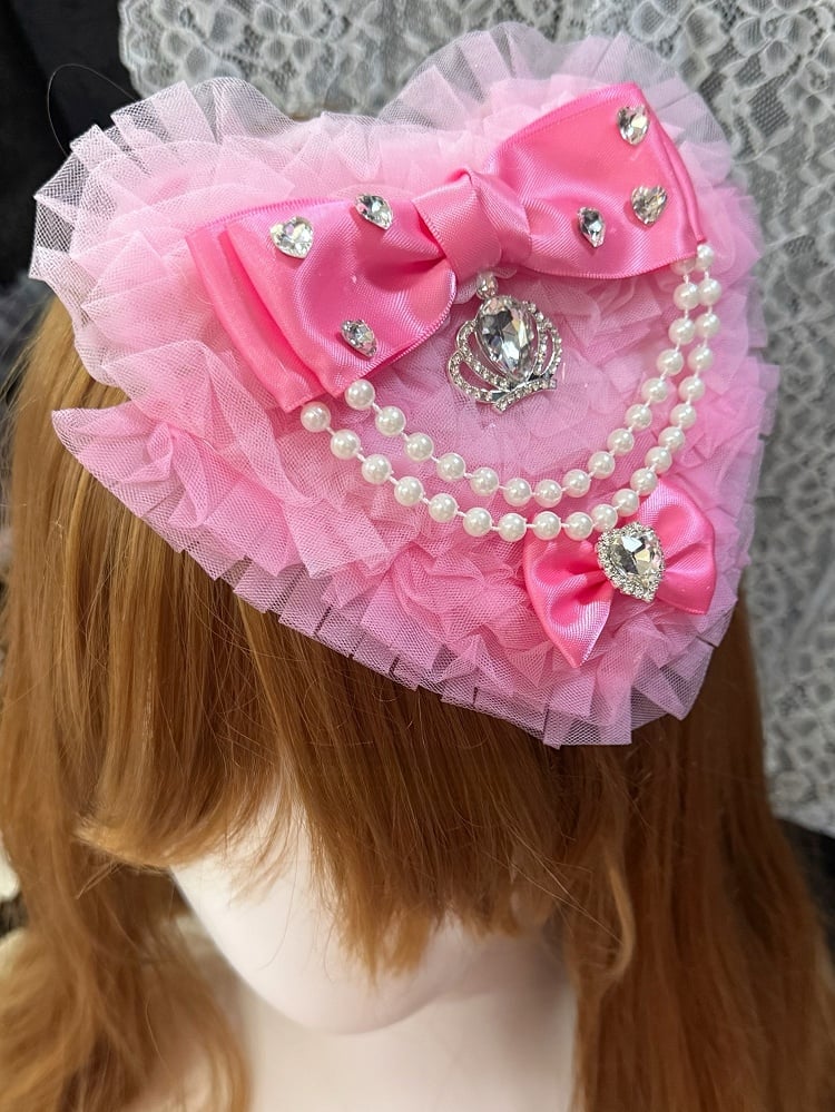 Pink Rhinestone Decorated Beaded Charm Bowknot Details Bowknot Details Heart-shaped Hairclip