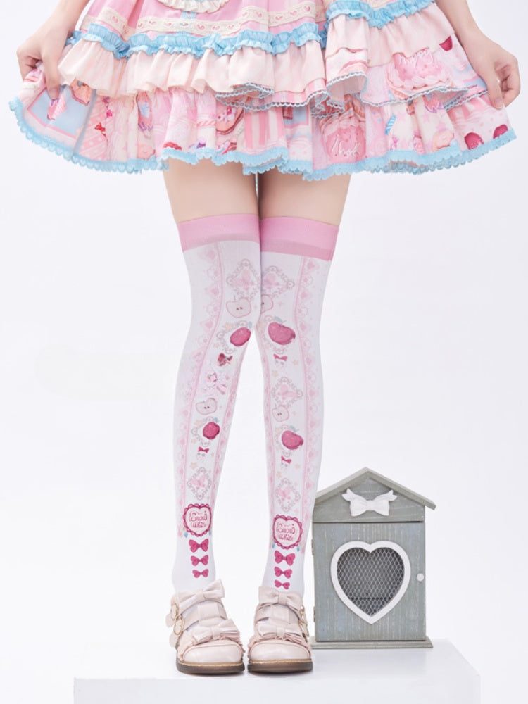 Red Apple and Bow Print Over Knee Stockings