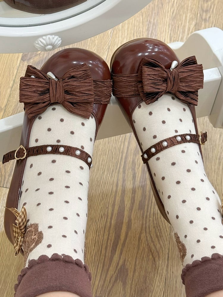 Chocolate Brown Beaded Decorated Bow at Top Heart Buckle Round Toe Lolita Shoes