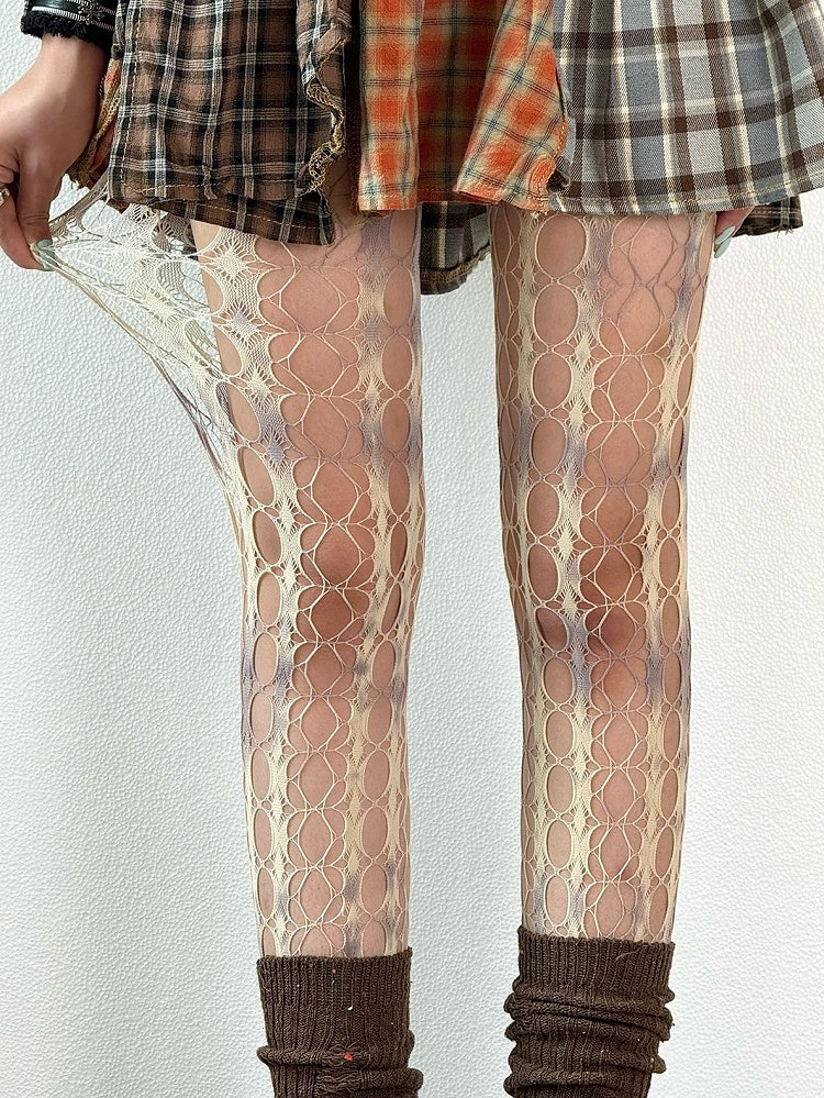 White&Gray Gyaru Fashion Tie Dye Hollow-out Details Tights