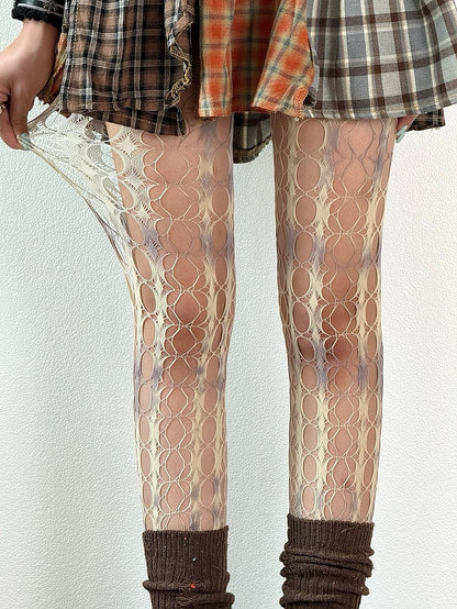 White&Gray Gyaru Fashion Tie Dye Hollow-out Details Tights