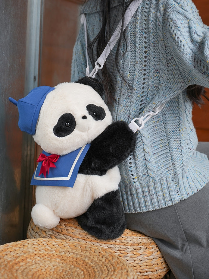 Cute Panda Plush Backpack/Crossbody Bag + Blue Hat + Sailor Collar Middle/Large Size