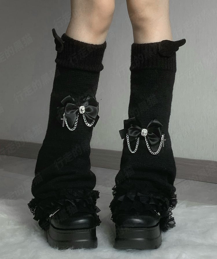 Jirai Kei Black/White Rhinestone Bow Wings Design Lace Trim Leg Warmers