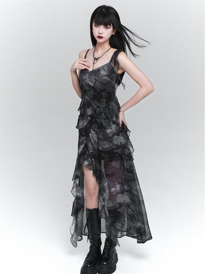 Purple/Dark Gray Butterfly Tie Dye Asymmetrical Flounce Hem Slip Dress