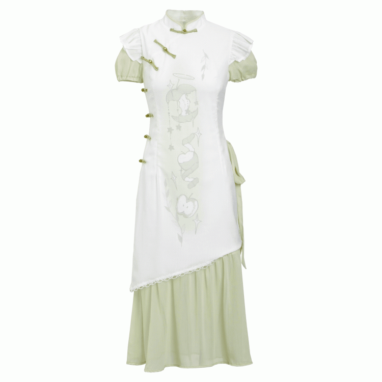 Green Apple Print Cheongsam Style Banded Collar Knot Buttons Qipao Dress