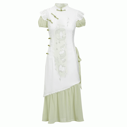 Green Apple Print Cheongsam Style Banded Collar Knot Buttons Qipao Dress