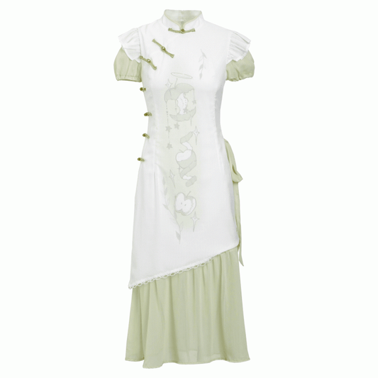 Green Apple Print Cheongsam Style Banded Collar Knot Buttons Qipao Dress
