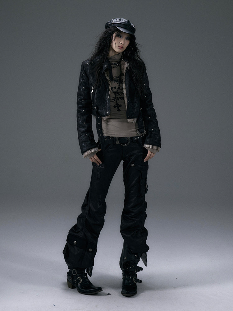 Clearance-Size M for 70CM Black Low-Waist Slim-fitting Flared Cargo Pants