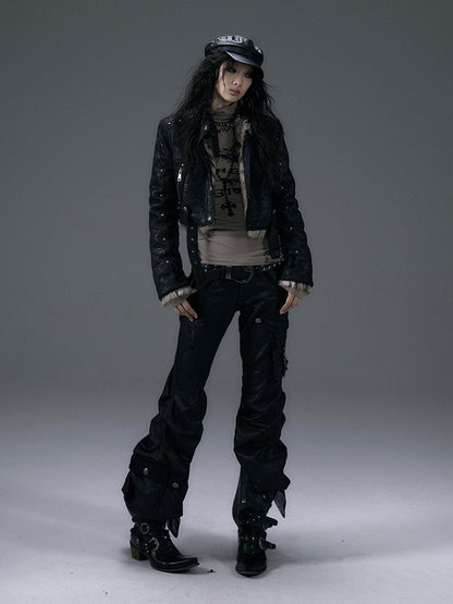 Clearance-Size M for 70CM Black Low-Waist Slim-fitting Flared Cargo Pants