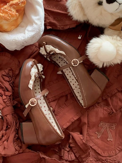 Dark Brown Knotted Bow Accent Lace Trim 4.3CM Heels Round Toe Mary Janes