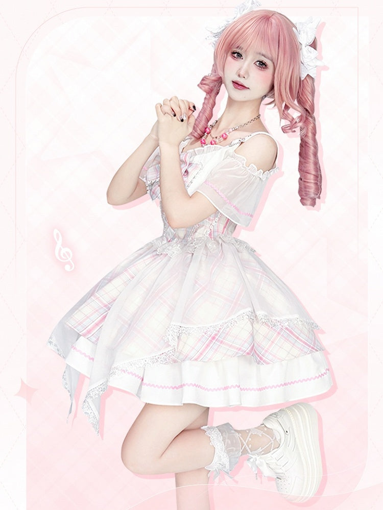 Pink Plaid Off-the-shoulder Neckline Sweet Idol Lolita Jumper Skirt with Free Bowtie