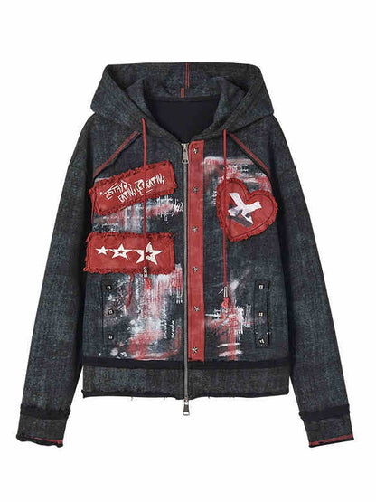 Sweetheart Applique Black Gothic Punk Distressed Zip Hoodie with Studs