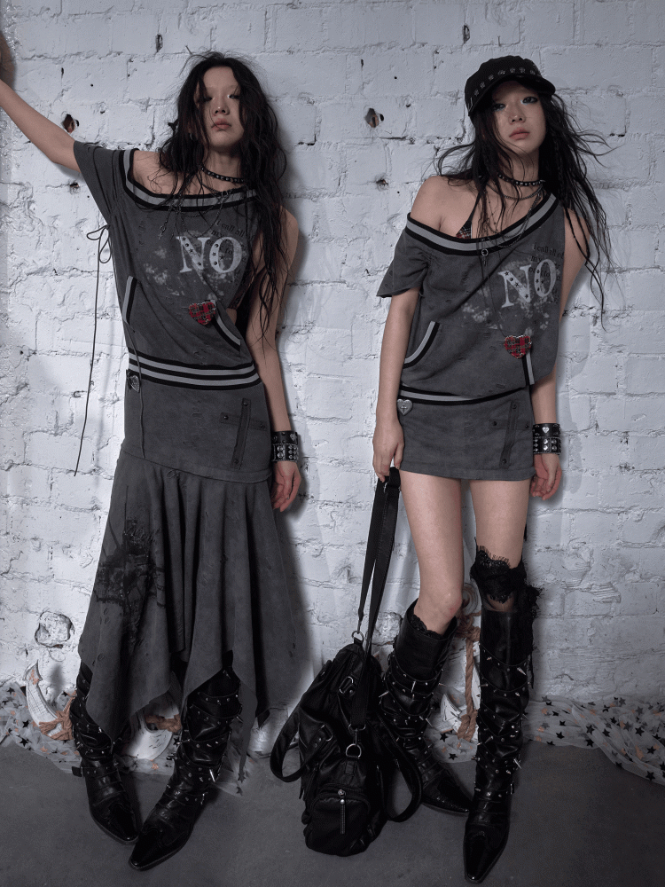 Asymmetrical Neckline Gray/White Wasteland Punk Distressed Dress with Detachable Handkerchief Hem