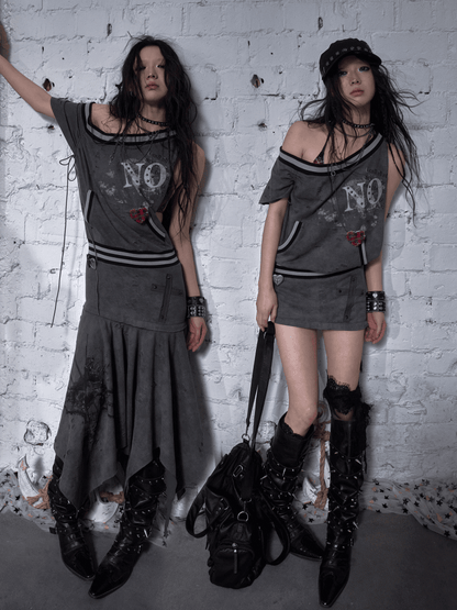 Asymmetrical Neckline Gray/White Wasteland Punk Distressed Dress with Detachable Handkerchief Hem