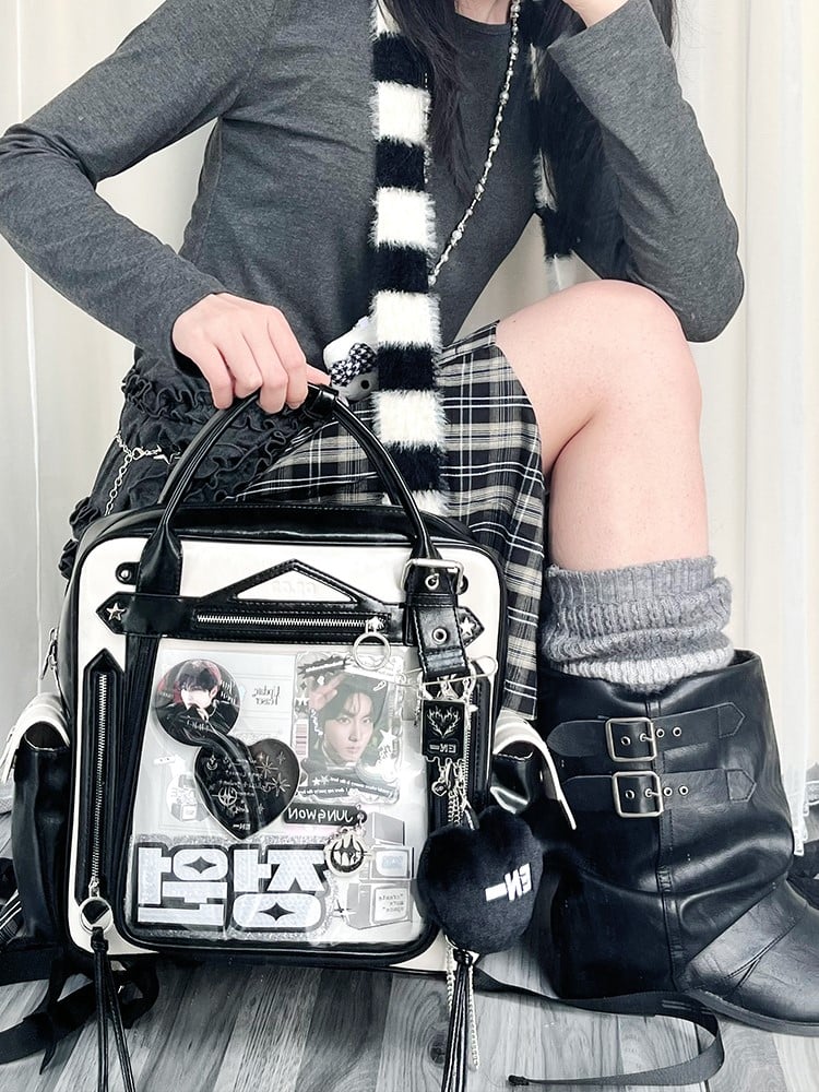 Black & White Large Capacity Daily Ita Backpack With Cute Puppy Print